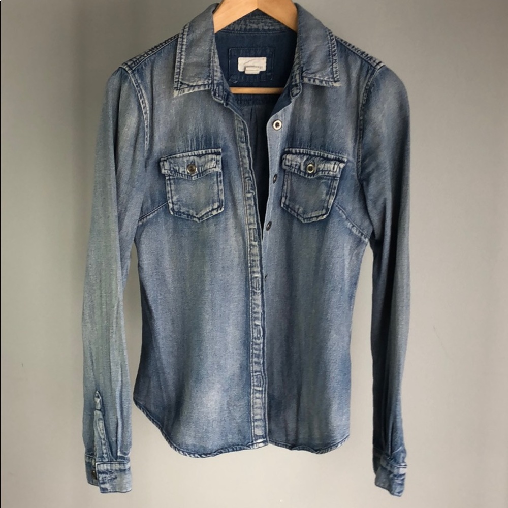 Distressed denim button up shirt